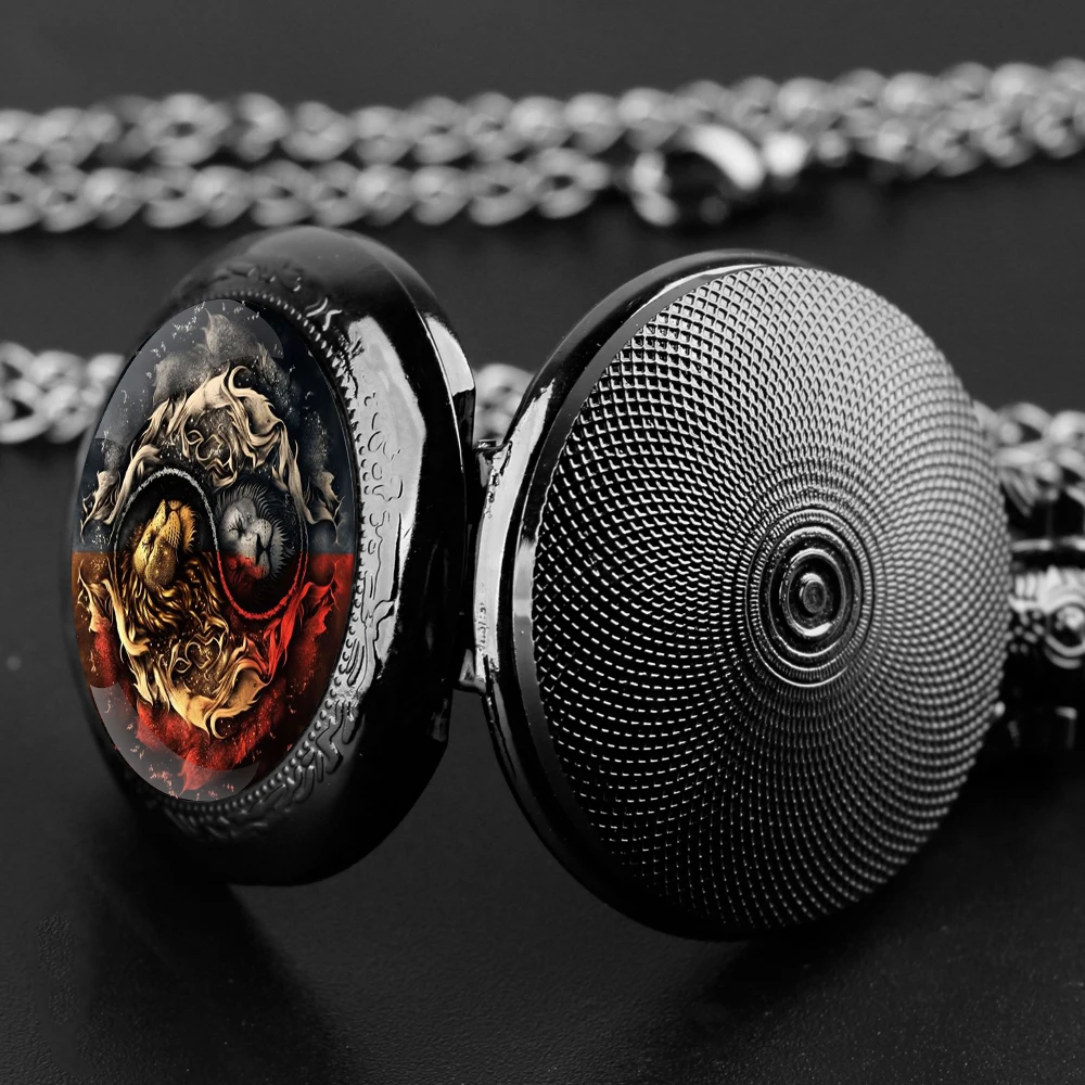 Domineering YinYang Lion Glass Dome Black Quartz Pocket Watch with Arabic Numerals Dial and Durable Chain Gift for Men Women