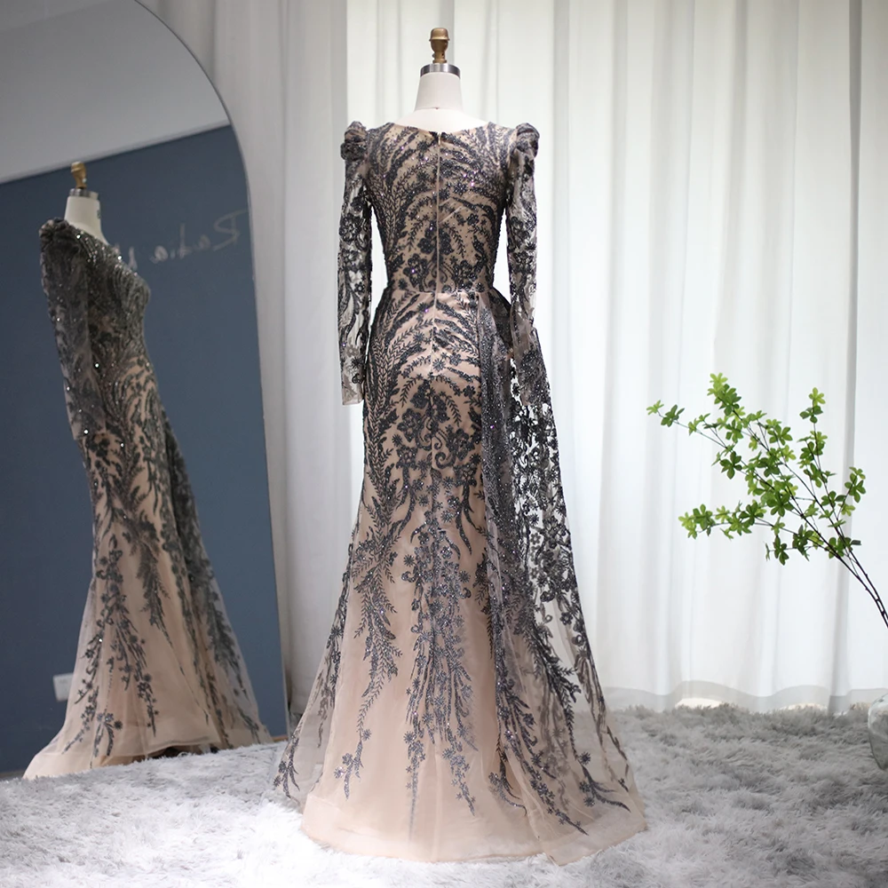 Sharon Said Dubai Schwer Kristallverziertes Übergrößen-Meerjungfrauenkleid in Braun mit Überrock für Damen, Formelles Abendkleid SS127 Maßanfertigung – Detail 14