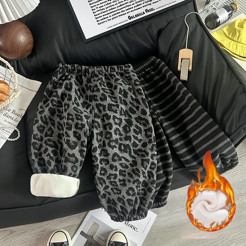 

Autumn Winter Kids Clothes Boys Girls Leopard Print Sweatpants Fleece Thickened Pants Children Warm Casual Sporty Trousers