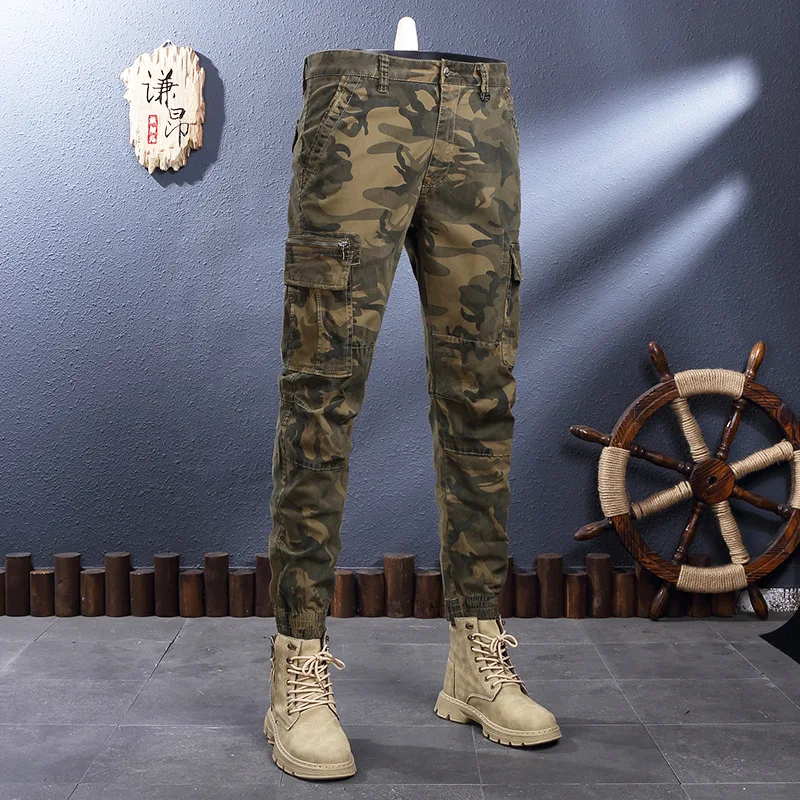 Outdoor Camouflage Overalls Men's High-End and Fashionable Quality Men's Elastic Slim Fit Ankle-Tied Long Casual Pants Thick