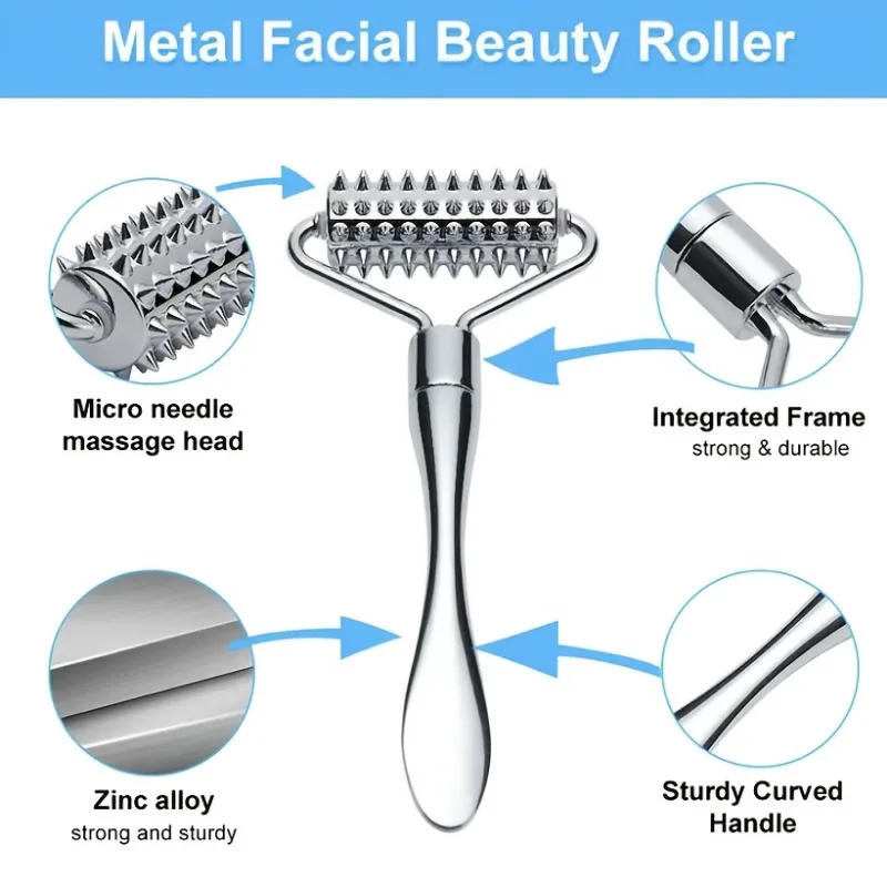 Gesichtsroller-Massagegerät aus Zinklegierung – doppelseitiges Hautpflegewerkzeug mit Nadel und glatten Rollen für Gesicht und Hals