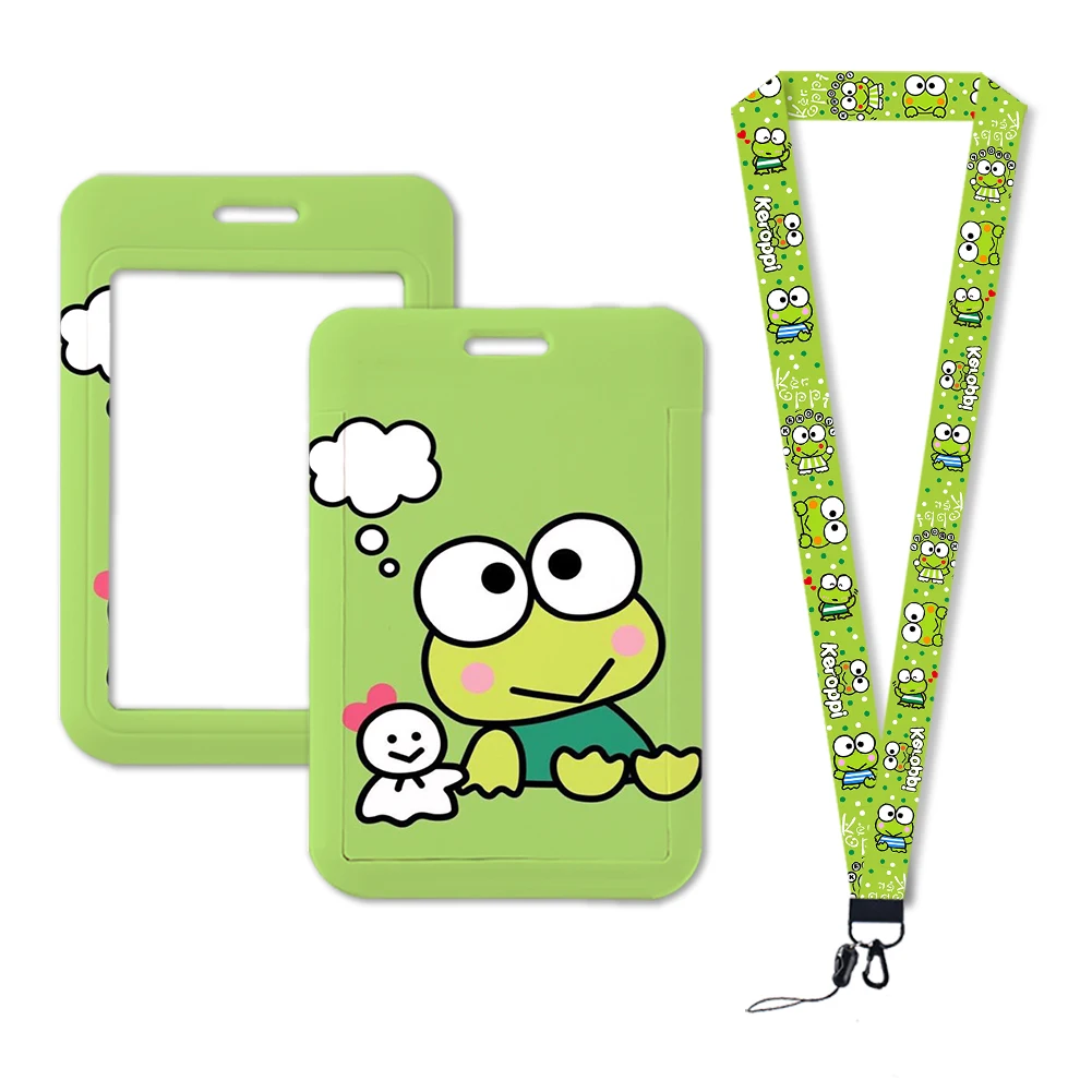 W tempat kartu kredit Lanyard Keroppi tempat lencana ID anak-anak tempat kartu identifikasi wanita tali leher grosir khusus