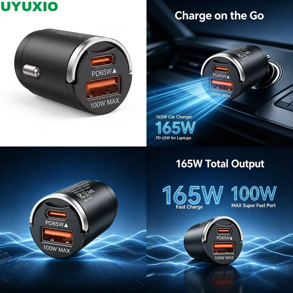 165W Travel Car Charger Heat Resistant Zinc Alloy Body PD 65W Type C and 100W USB A Power for Mobile Devices and Laptops