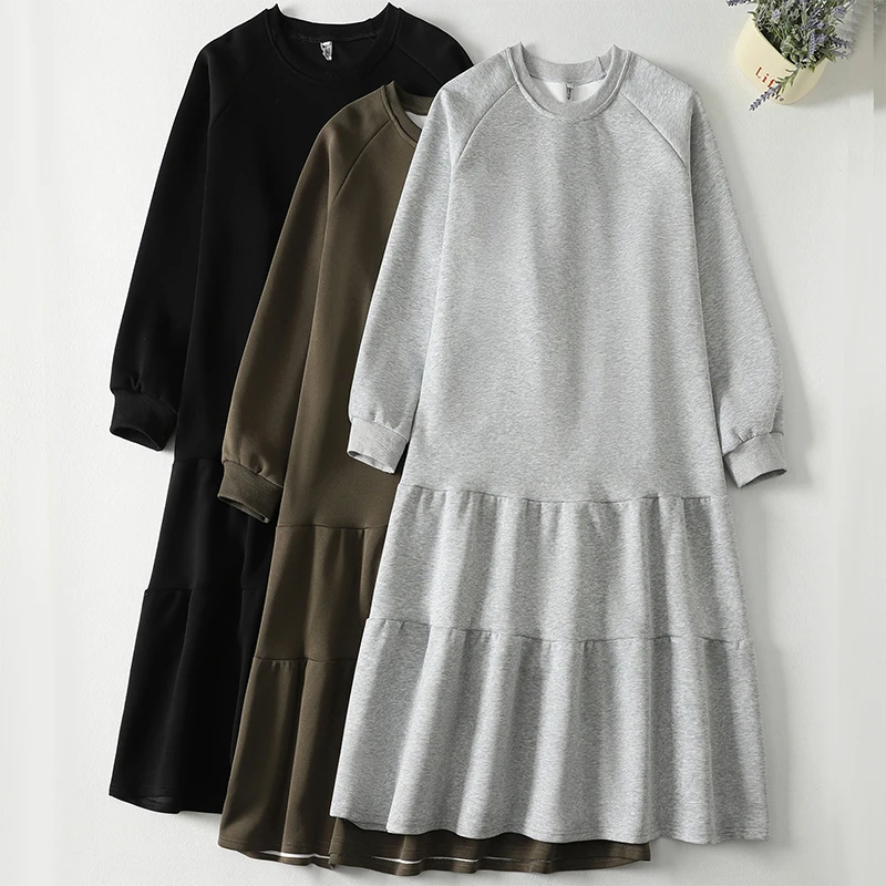 

Весеннее новое платье-свитшот свободного кроя с длинными рукавами, круглым вырезом, кружевной отделкой и подолом «рыбий хвост», женское, больших размеров, из трикотажного хлопка