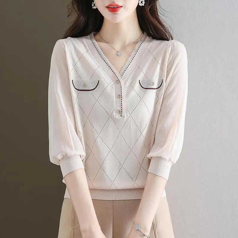 Elegant V-Neck Ruffles Spliced Hollow Out Blouses Women\'s Clothing 2024 Autumn New Loose Knitted Chic Tops Puff Sleeve Shirts