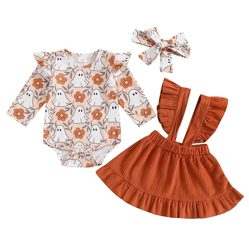 3-Piece Baby Girls Halloween Set Ghost Print Long Sleeve Ruffled Romper Overalls Skirt Hair Band Outfits