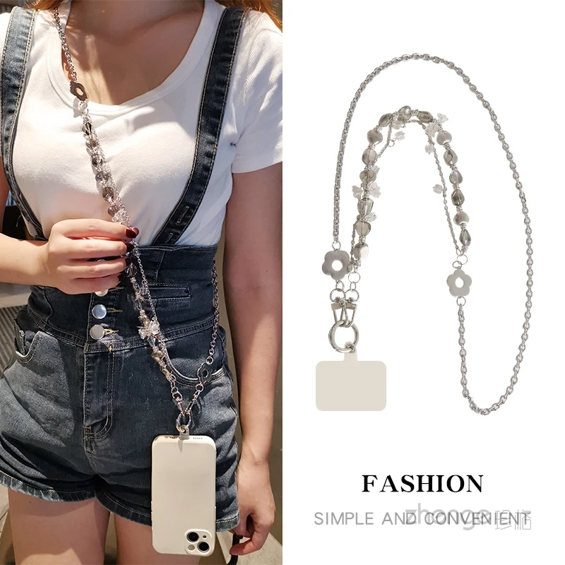 Long Crossbody Lanyard Mobile Phone Lanyard Flower Chain Bead Hanging Neck Rope Women's Bead Chain Clip Style Universal Lanyard