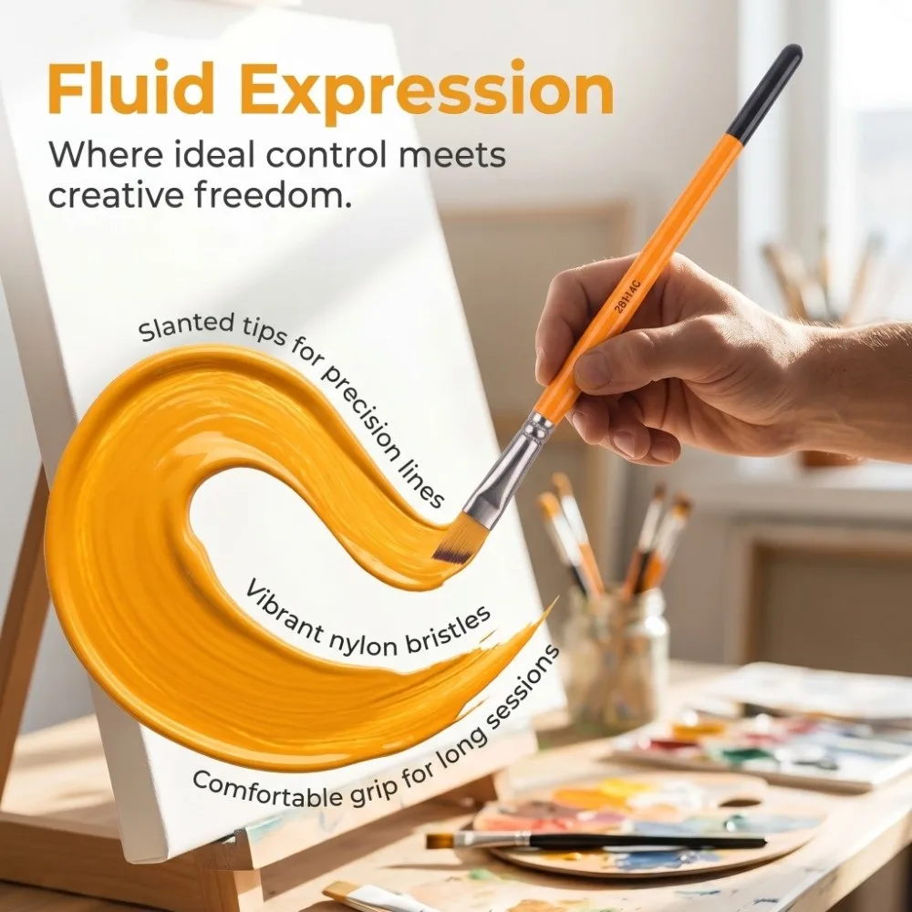 12PCS Orange Handle Art Brushes Smoothing Nylon Neat Brush Head Flat Tip Brushes Watercolor Oil Painting Tools