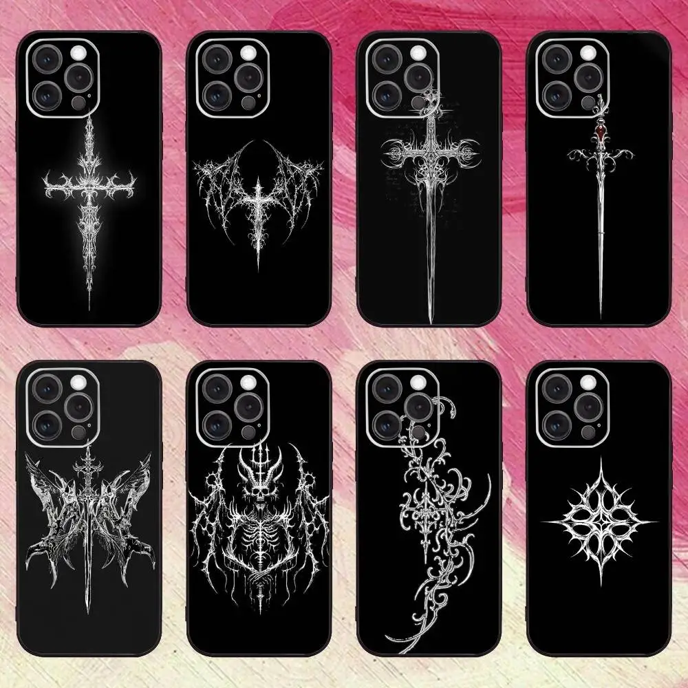 

Gothic Cyber Sigil Cross Phone Case For iPhone17,16,15,14,13,12,11 Plus,Pro Max Soft Black Cover