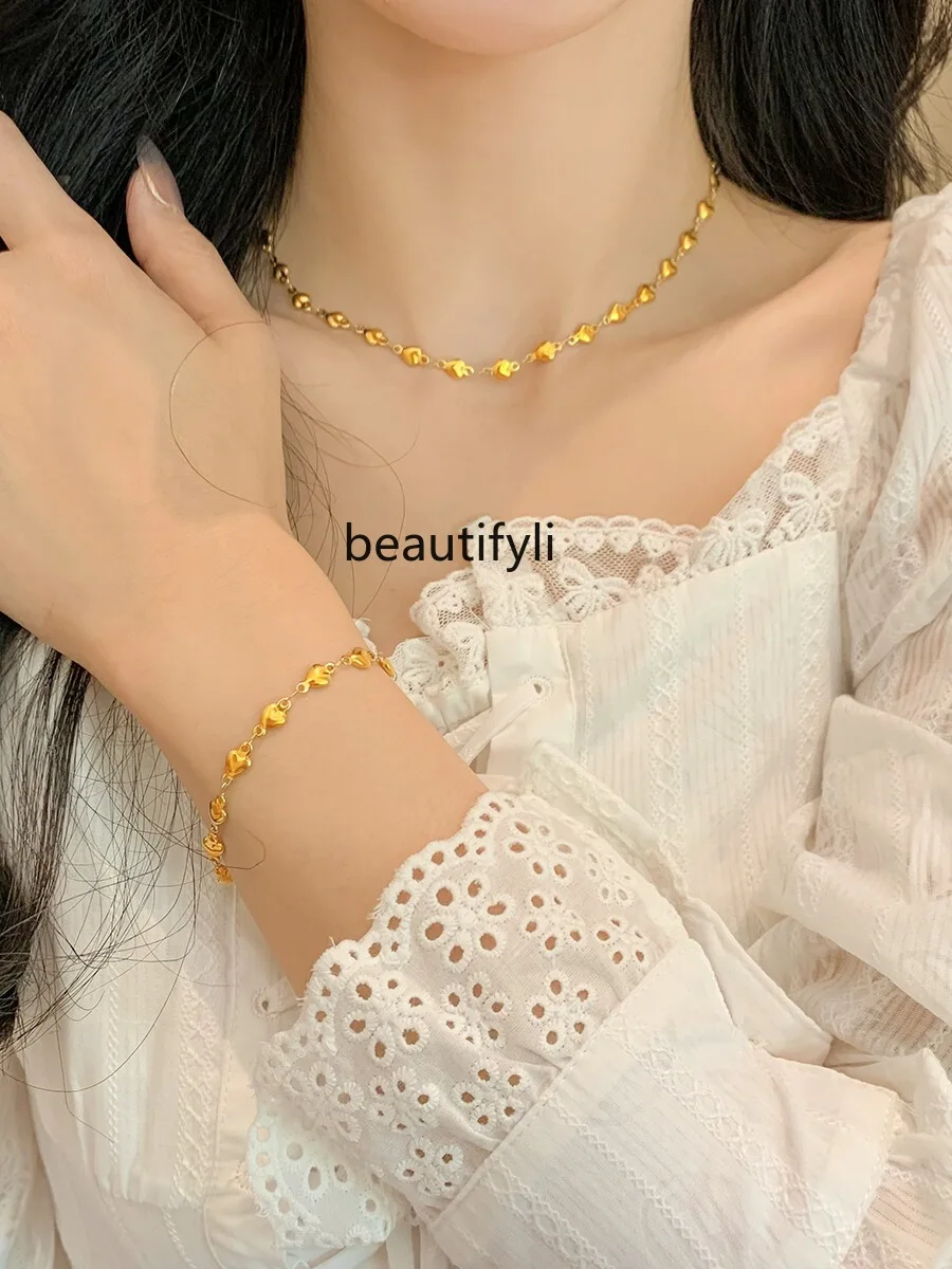

Exquisite Mini Small Heart Twin Clavicle Chain Female Titanium Steel Color Retaining Ins Style Simple All-Match Metal Necklace