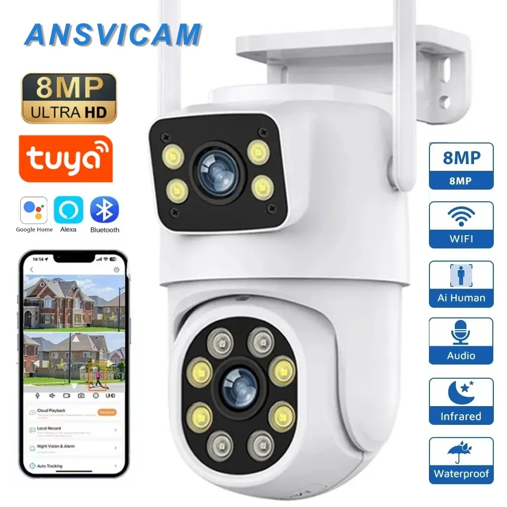 Câmera de vigilância de segurança externa Dual Lens, rastreamento automático AI, PTZ, Wi-Fi, Full HD, Tuya Compatível, 4MP Dual Screen, 8MP