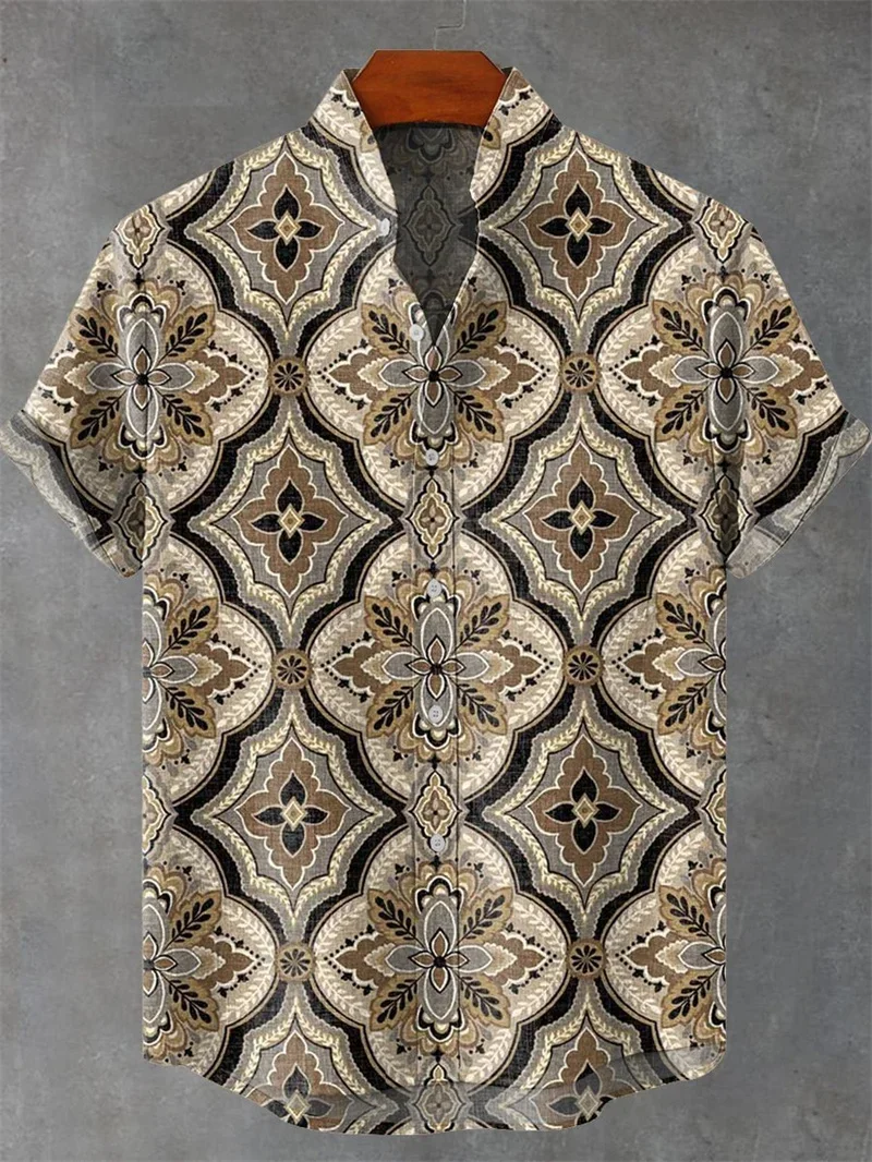 

New men's linen Hawaiian shirt casual short sleeved animal pattern top fashionable retro 3D piano key printed shirt