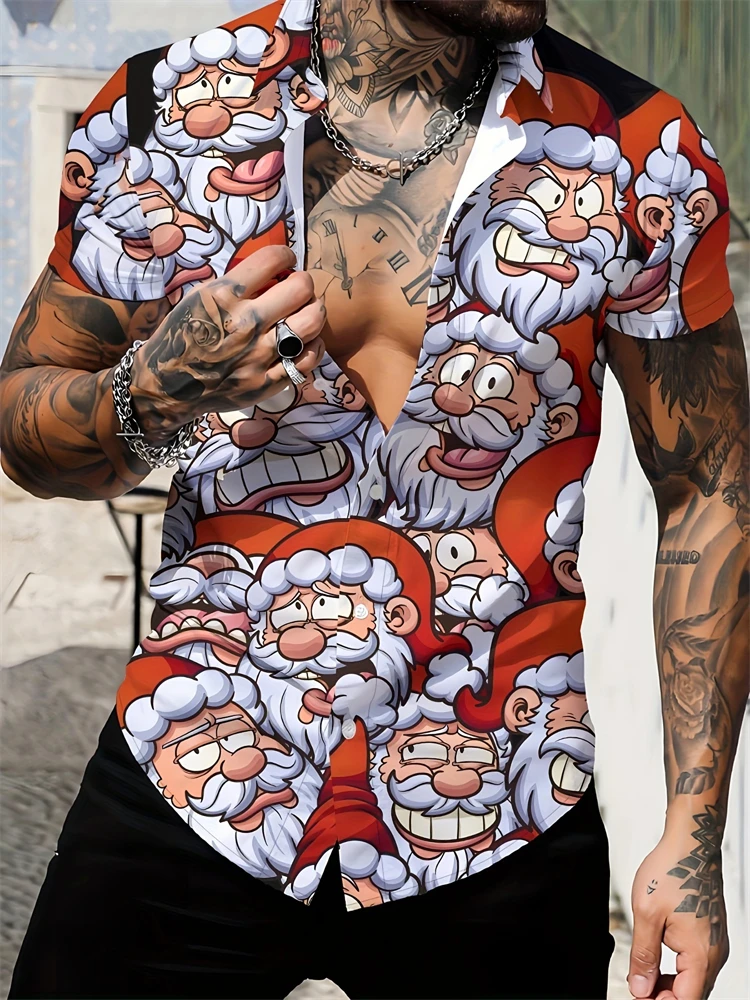 

2025 Премиум мужская повседневная рубашка с принтом Санта-Клауса, мужская забавная дышащая однобортная модная рубашка с короткими рукавами для вечеринок
