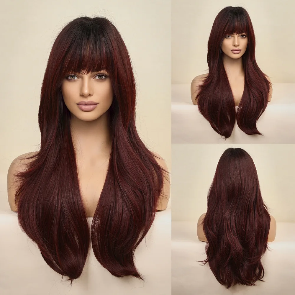 

European and American style Qi bangs long hair gradual change burgundy, wig headgear