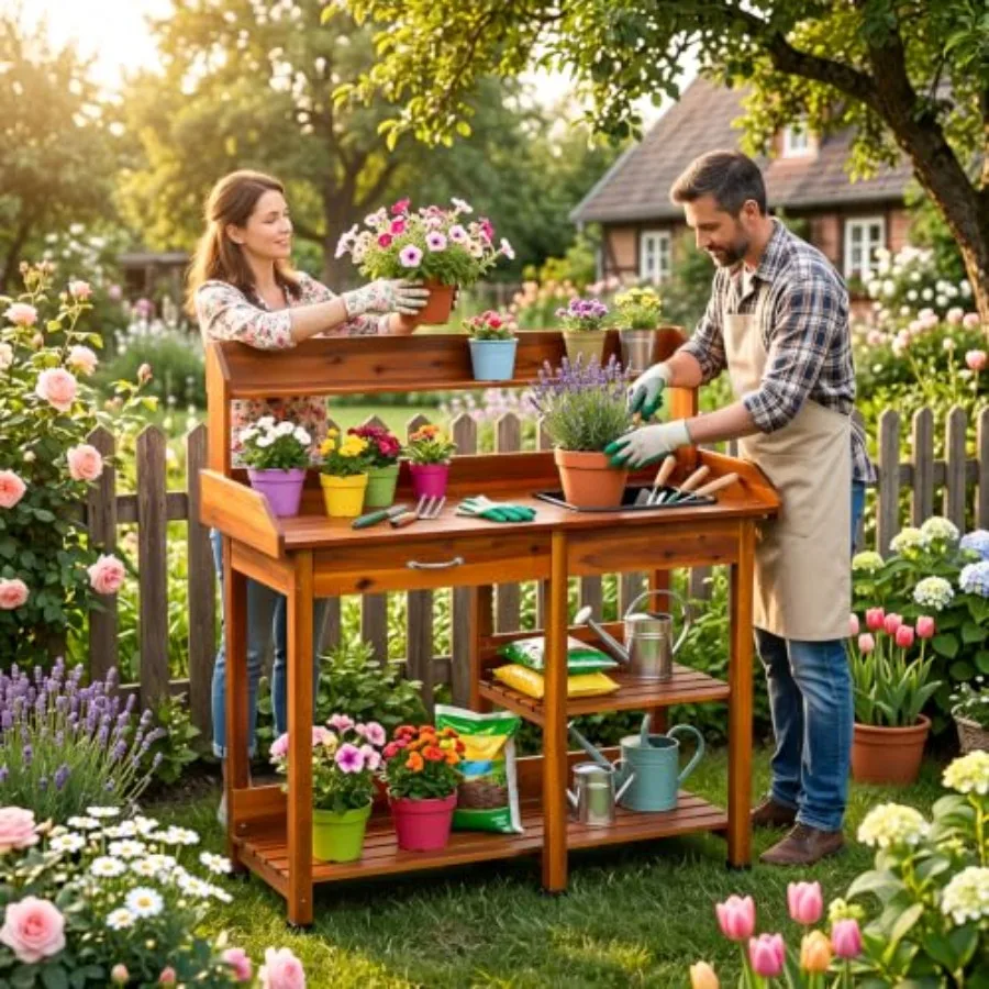 Potting Bench with Removable Plastic Sink Handy Side Hooks Easy Access Drawer Adjustable Shelves and Slatted Shelf for Garden,