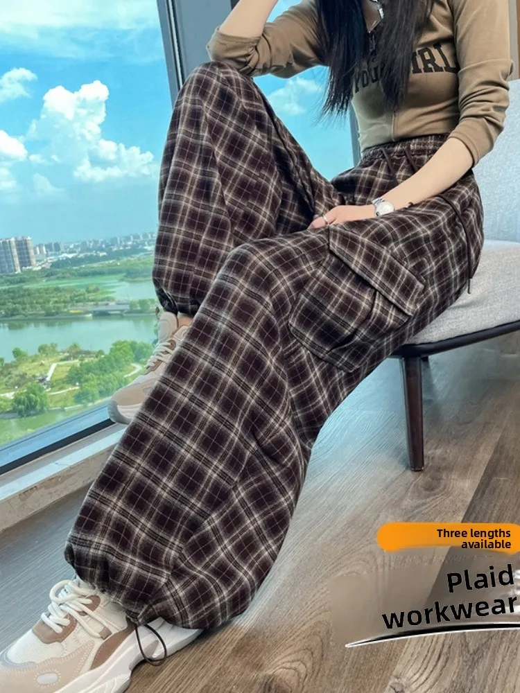 

Хаки клетчатые утягивающие повседневные брюки с высокой талией, женские осенние новые прямые брюки для пригородных поездок, удобная посадка