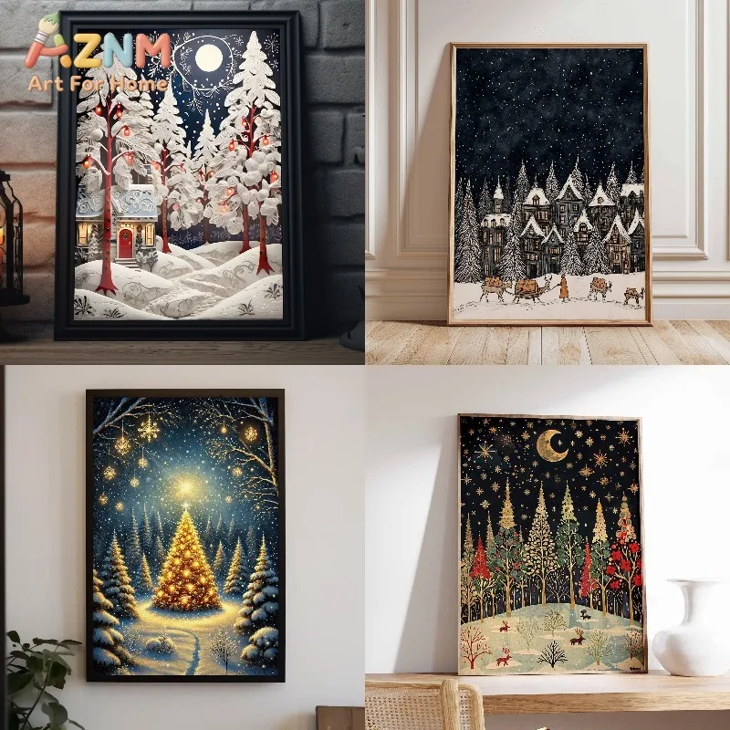 Christmas Forest Art Poster Winter Painting Art Print, Xmas Holiday Decor, Christmas Winter Wall Art, Snowy Holiday Artwork