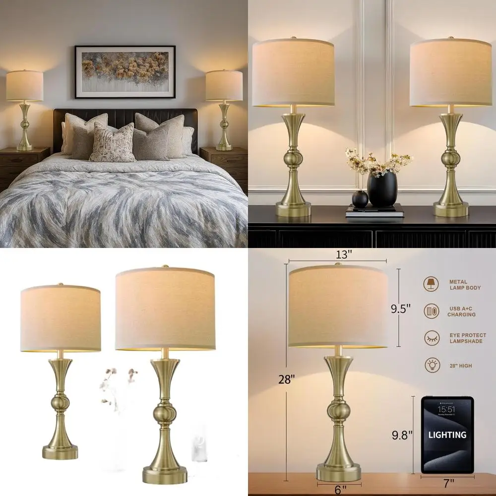 

Пара из 28 современных настольных ламп для гостиной с USB-портами, подходящих для спален и тумбочек, отделка из античной бронзы (лампочки нет
