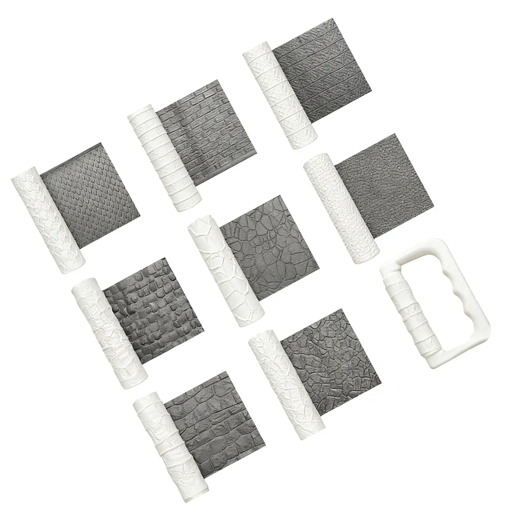 9 Piece Texture Roller Set For Clay Artists Featuring Road Stone Wall And Brick Patterns For Modeling And Sculpting