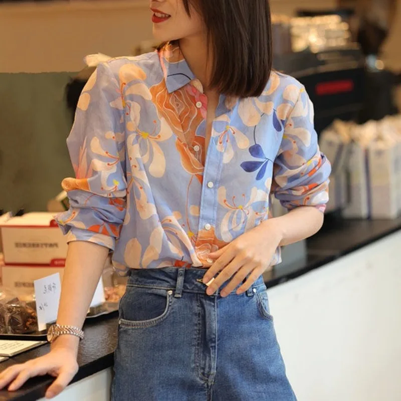 Spring and Autumn Women\'s Blouses Office Lady Turndown Collar Patchwork Printing Button Loose Chiffon Cardigan Fashion Shirt