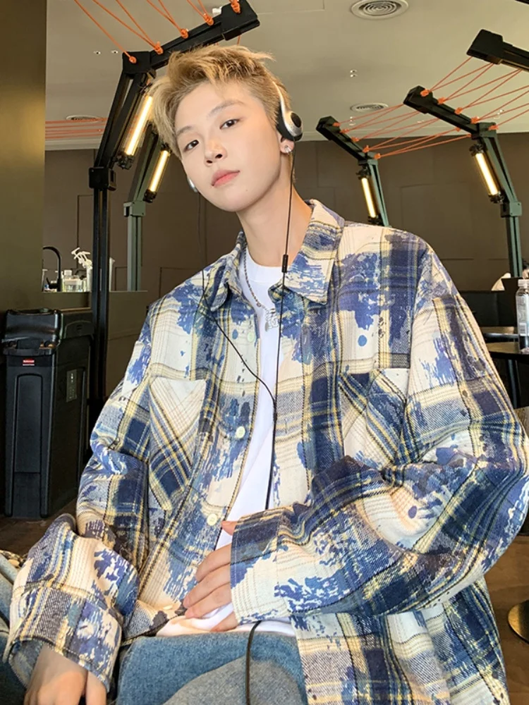 

Мужская рубашка в американском стиле ретро в клетку с длинным рукавом, весенне-осенняя модная рубашка с эффектом тай-дай, верхняя одежда Haome для ранней весны