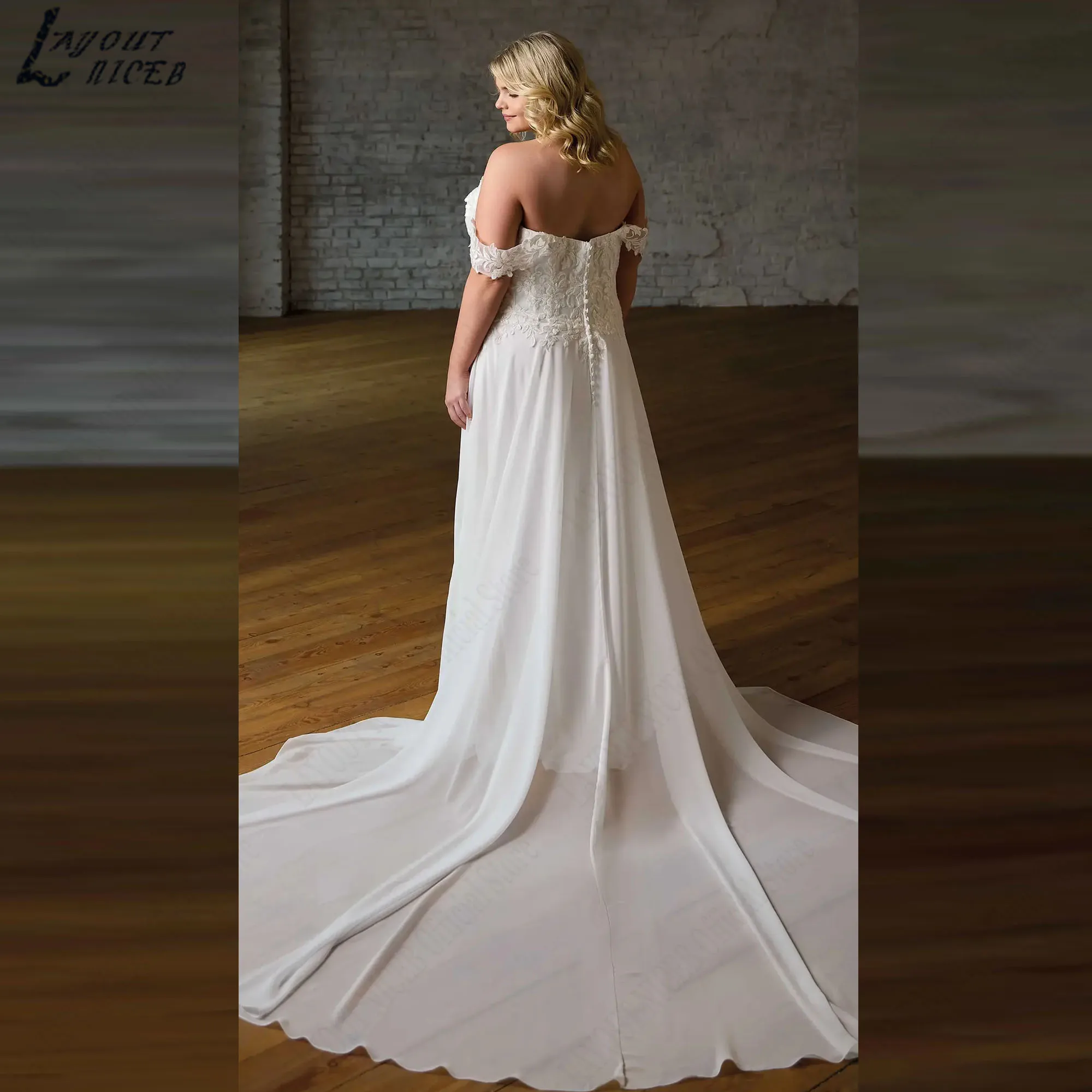 Plus Size Flowy Chiffon Wedding Dress A-line Off Shoulder Appliques Boho Bride Gown Backless V-neck vestidos de novia Customized