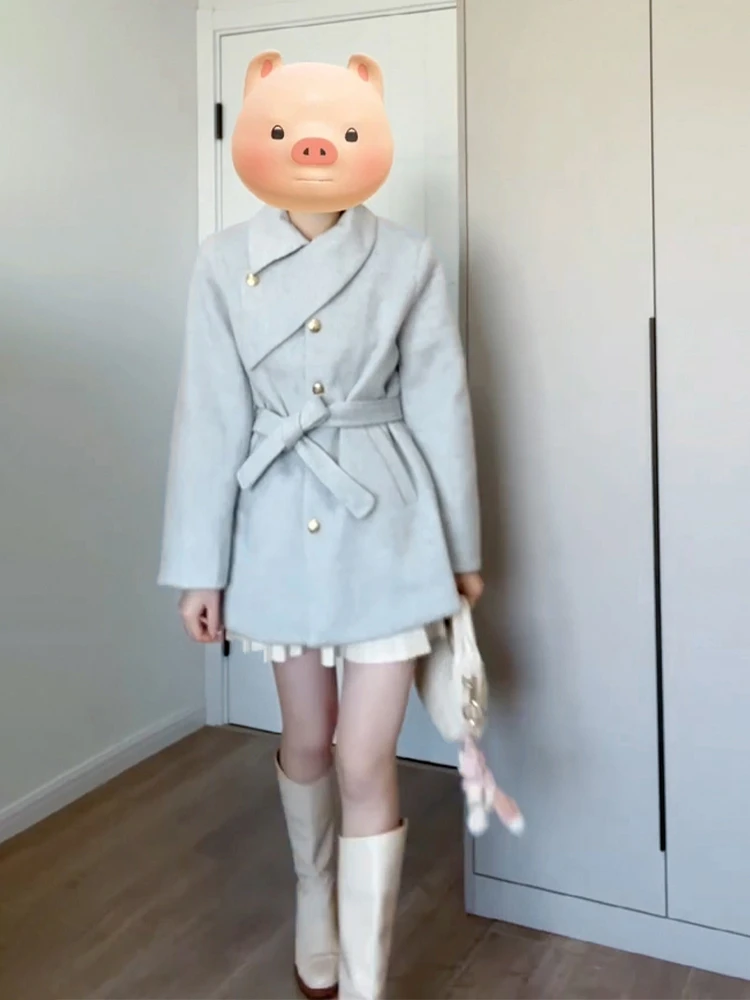 مزيج الصوف معاطف المرأة معطف الصوف طباعة الخريف متعرجة الوقوف طوق أنيقة ناضجة الباريسية نمط مكتب سيدة معاطف #6