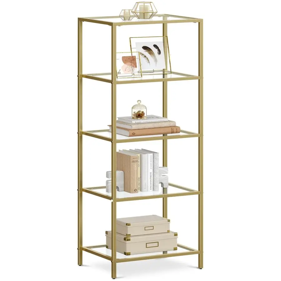 

Bookcase, 5Tier Bookshelf, Slim Shelving Unit for Bedroom, Bathroom, Home Office, Tempered Glass, Steel Frame, Metallic Gold UL
