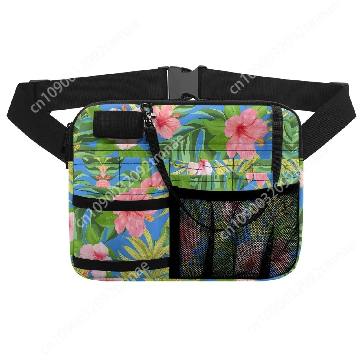 Hibiscus Tropical Hawaiian Jungle Palm Leaf Custom Waist Bag Portable Multifunctional Hospital Work Medical Nurse Bum Bag