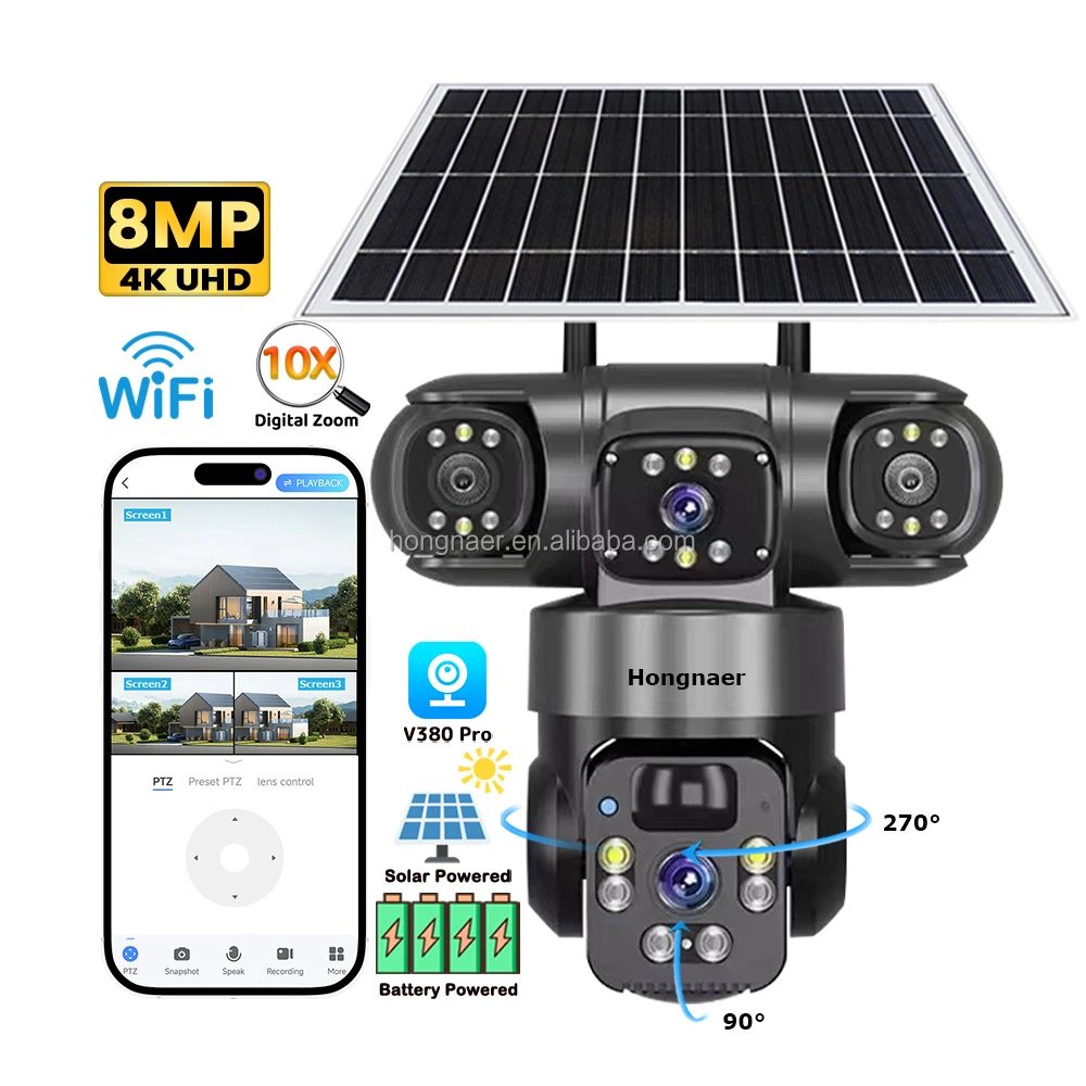

Hongnaer 360 3 Video Wireless Solar Panel Powered PTZ Camera V380 Pro 8MP 4K Dual Lens Outdoor WiFi Security Solar CCTV Camera