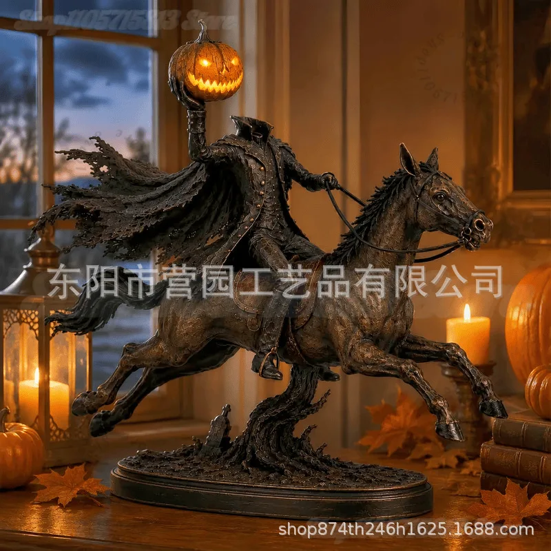 Lighted Headless Horseman Statue, Pumpkin Horse Halloween Decor  | Spooky Gothic Fantasy Figurine for Halloween Home Decor view 5
