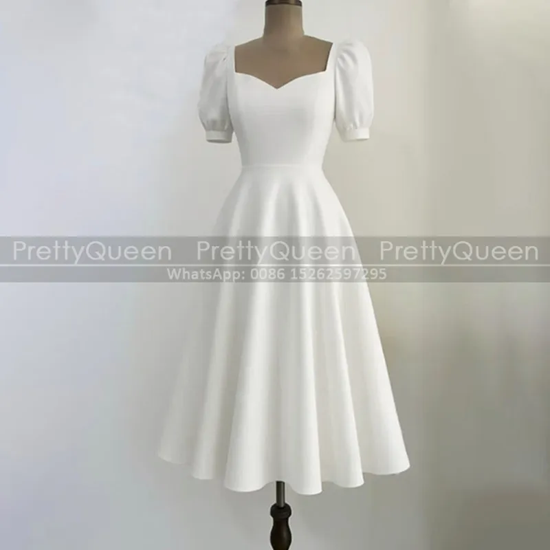 

A Line Short Bridesmaid Dresses With Short Sleeves Square Neck Customized White Tea Length Wedding Party Dress