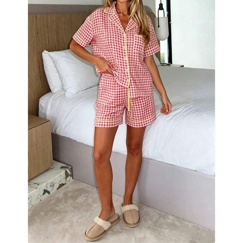 Women Summer Plaid Pajamas Set Short Sleeve Button-up Tops and Drawstring Shorts 2 Piece Sleepwear Loungewear Outfit