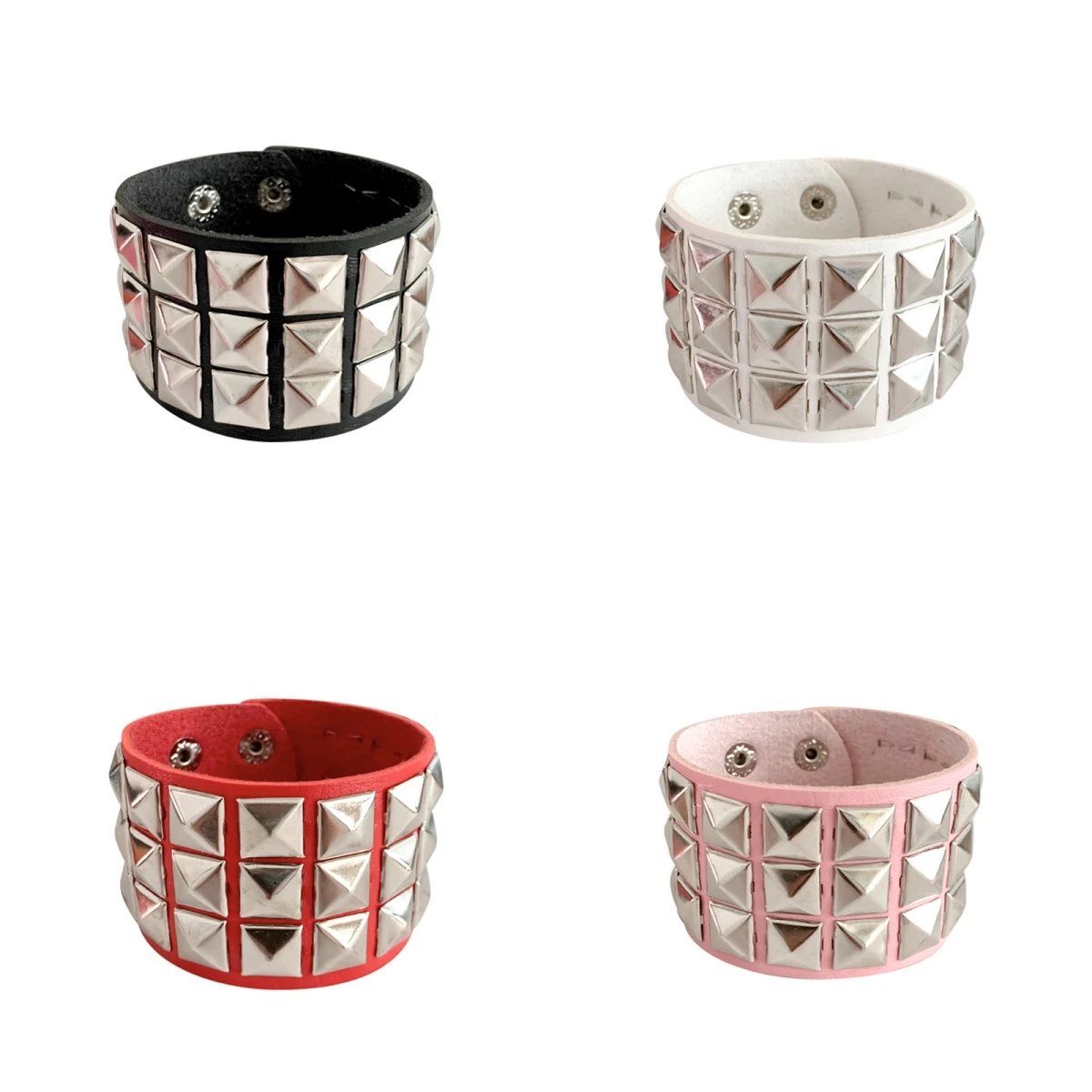 Unique Hip Hop 3 Row Square Rivet Stud Wide Cuff PU Leather Punk Gothic Rock Unisex Bangle Bracelet Men Jewelry Accessories