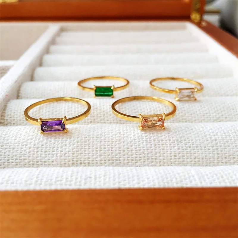 2023 New Waterproof Thin Ring Band Texture Engraved Small Square 3A Cubic Zirconia Stone Ring White Green Purple Gemstone Ring