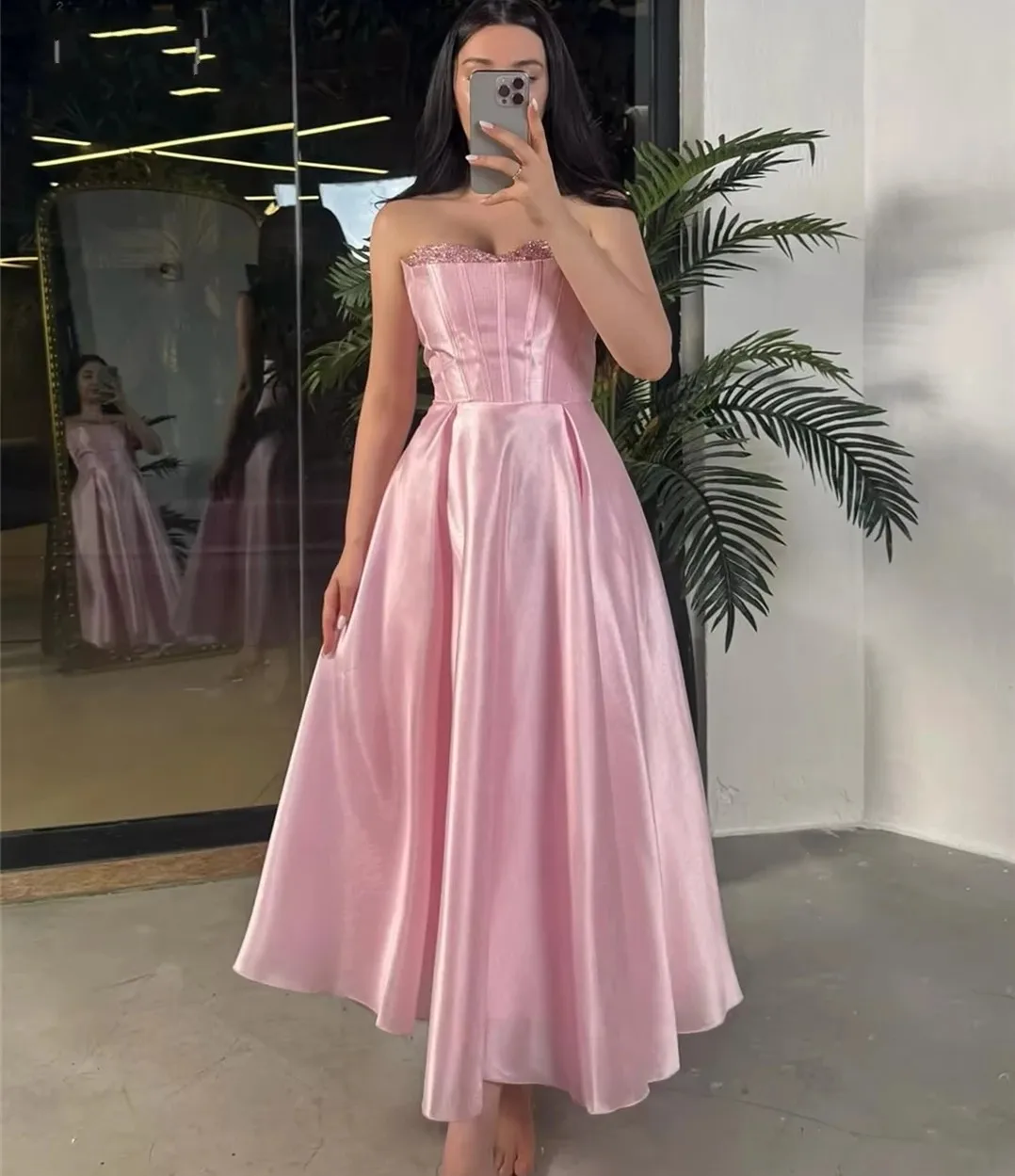 

Pink Prom Formal Dress Strapless Beads Satin Ankle-length Evening Birthday Party Gowns Pageant Dresses Vestido Formatura