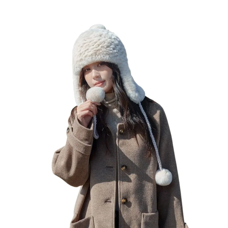 korean-version-of-rex-rabbit-hair-ear-protection-hat-female-cute-ball-winter-warm-encryption-woven-fur-hat-versatile-hat