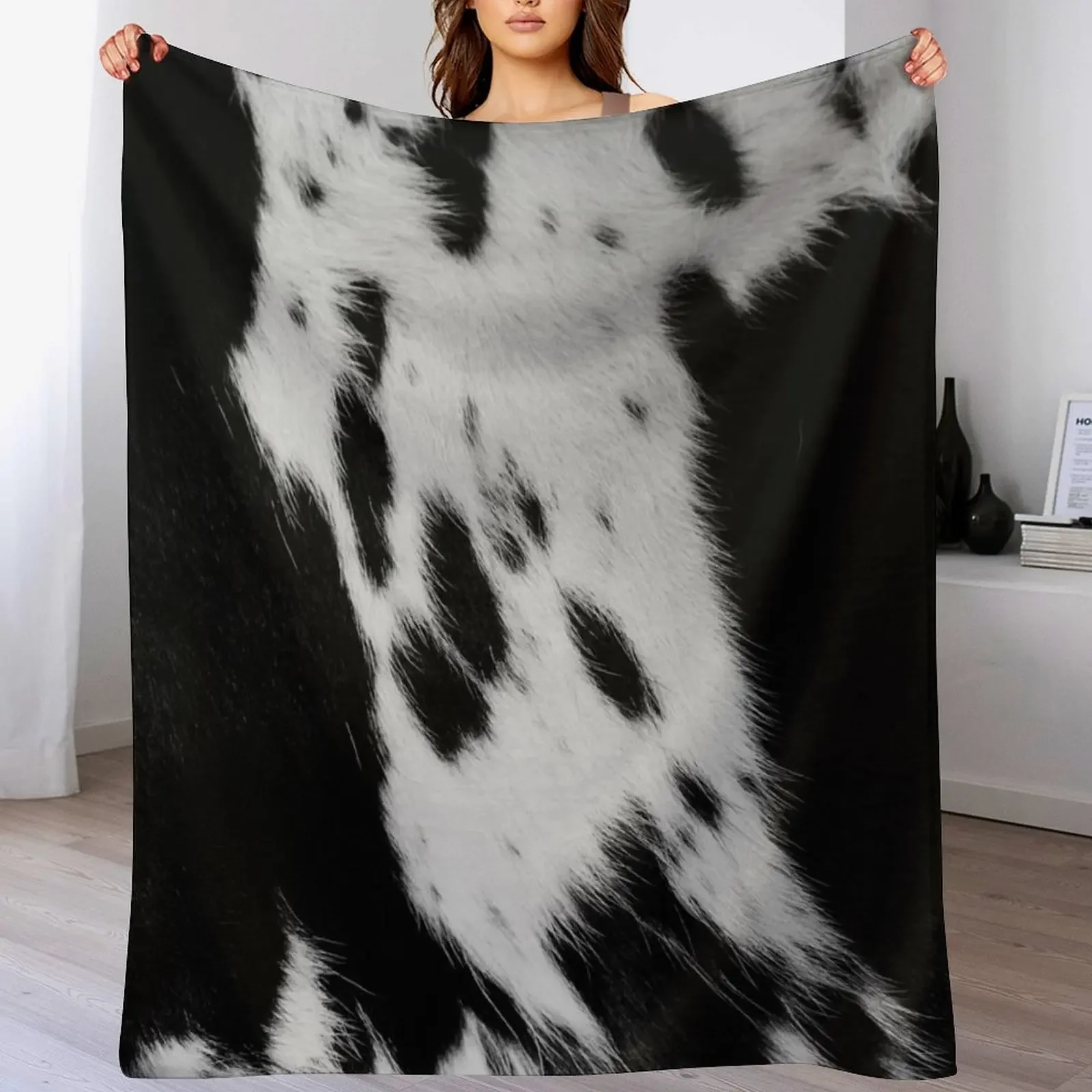 

Black cow skin animal print, cowhide style Throw Blanket Stylish Decor Blanket Gift for Friends Roommate