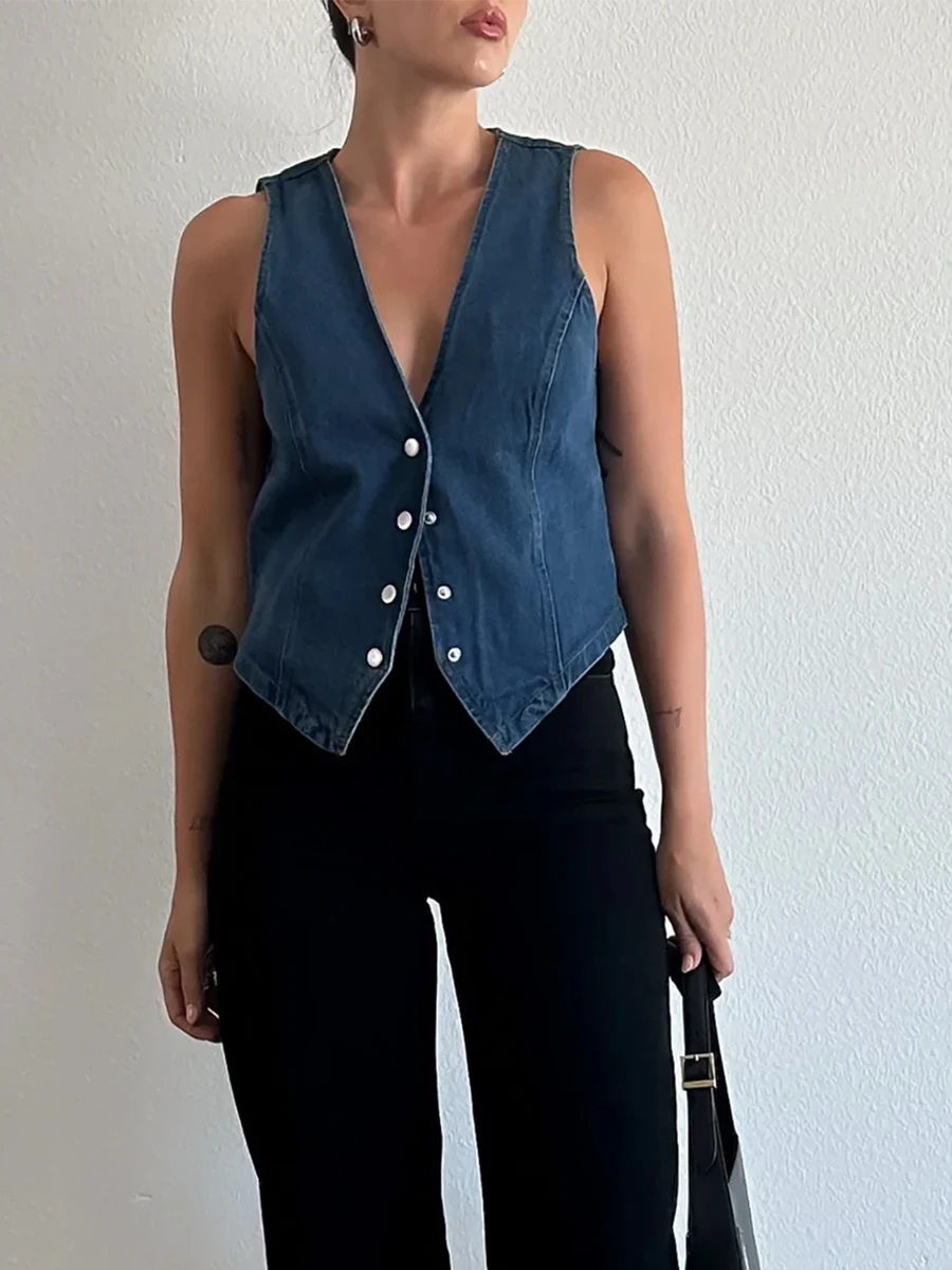 Womens Denim Waistcoat Sleeveless V-Neck Tank Tops Single Breasted Jean Vintage Slim Jackets