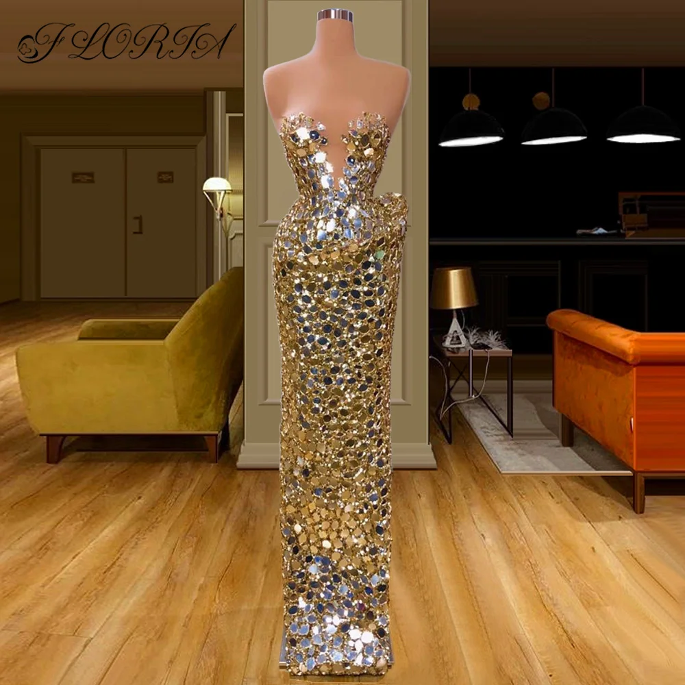 Dubai Women Full Crystal Sequin Evening Dresses 2024 Gold Stunning Celebrity Party Dress Prom Gown Formal Occasion Vestido Noite