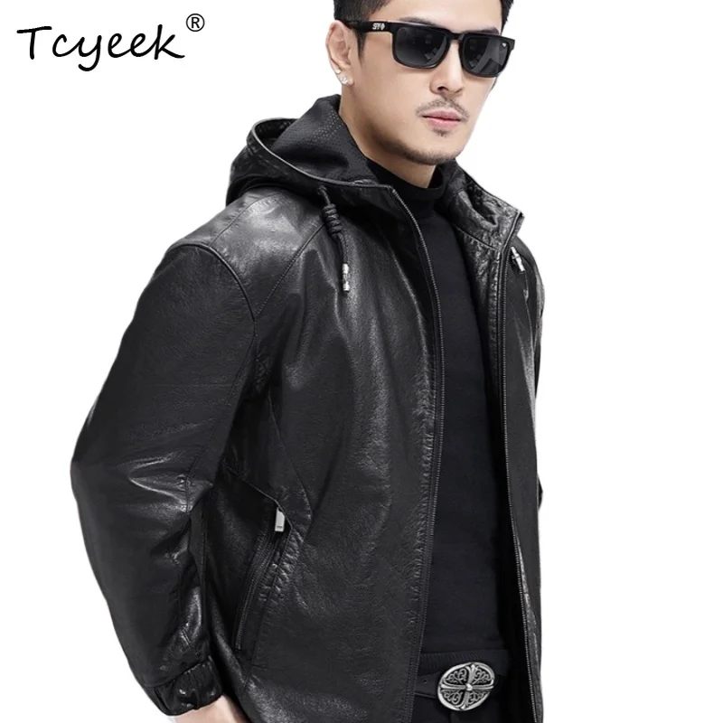 

Tcyeek Верхний слой Cowkin Весна Осень Высококачественная модная черная мужская куртка из натуральной кожи с капюшоном Куртка Кожаная Мужская 가죽 자켓
