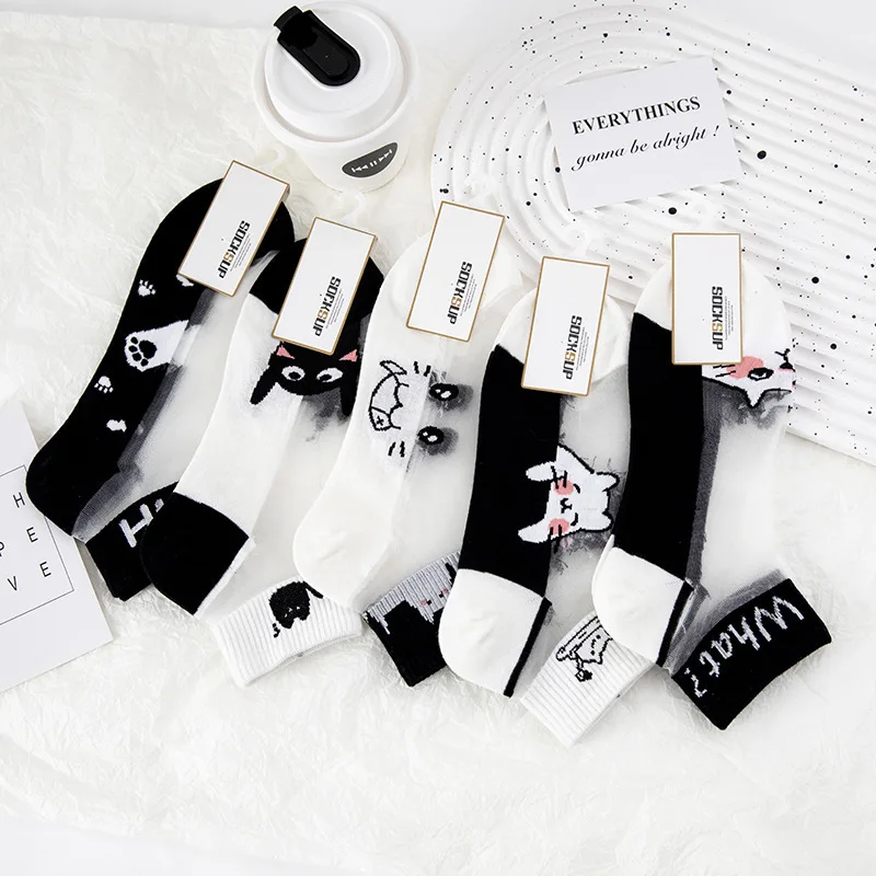 5 paia di calzini estivi con volant per donna calzini corti femminili traspiranti in seta gatto bianco nero set di calzini semplici e carini in pizzo da donna 2025