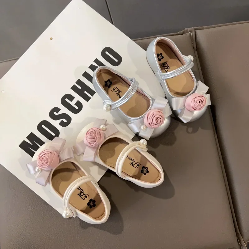 

Kids Leather Shoes Round Toes Sweet Flowers Girls Flat Shoes Non-slip Hook&loop 2025 New Fashion Children Princess Shoes Elegant