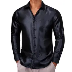 Designer Shirts for Men Silk Long Sleeve Black Solid Plain Slim Fit Male Blouses Turn Down Collar Tops Brtathable Barry Wang