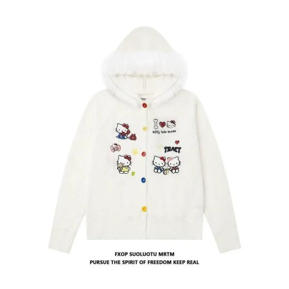 

Sanrio Hello Kitty FXOP забавный милый вышитый кошачий воротник с капюшоном свитер женский зимний свободный ленивый вязаный кардиган пальто костюм