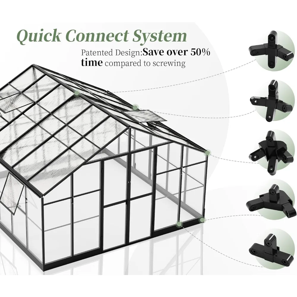 12x13.5x9 FT Polycarbonate Greenhouse - Outdoor Aluminum Greenhouse with 4 Ventilation,Quick Connect Fittings