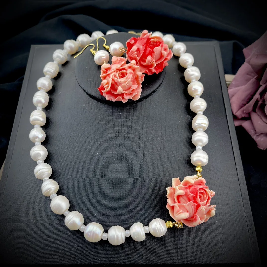 SET Jewelry Vintage freshwater pearl pink flower Necklace Earrings Women's Party Wedding