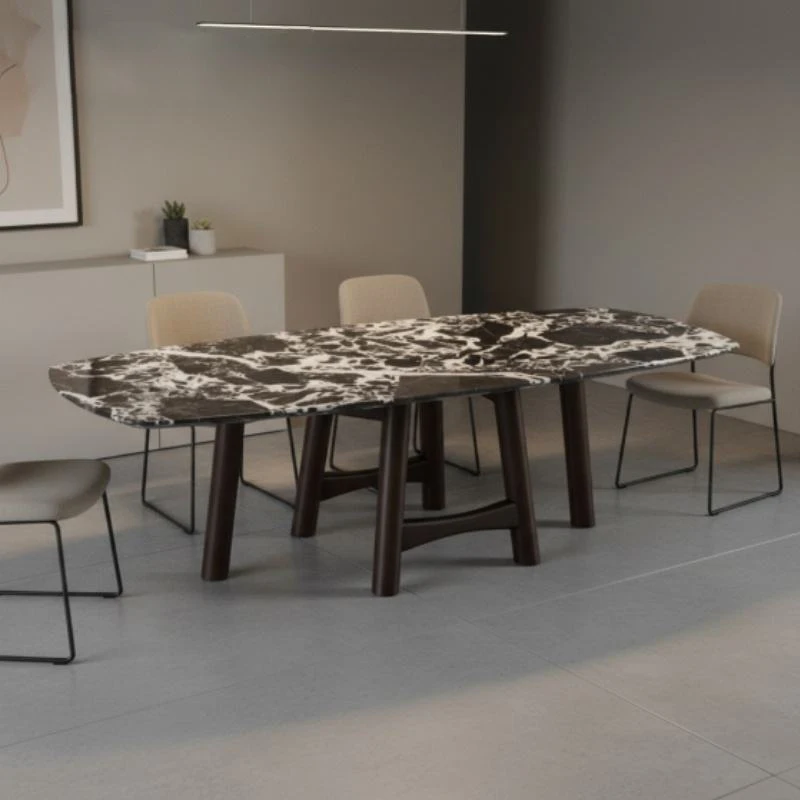 Perfect Modern Smoked Color Solid Wood Leg Dining Table with Natural Marble Top for Apartment & Villa Home Dining Room Furniture