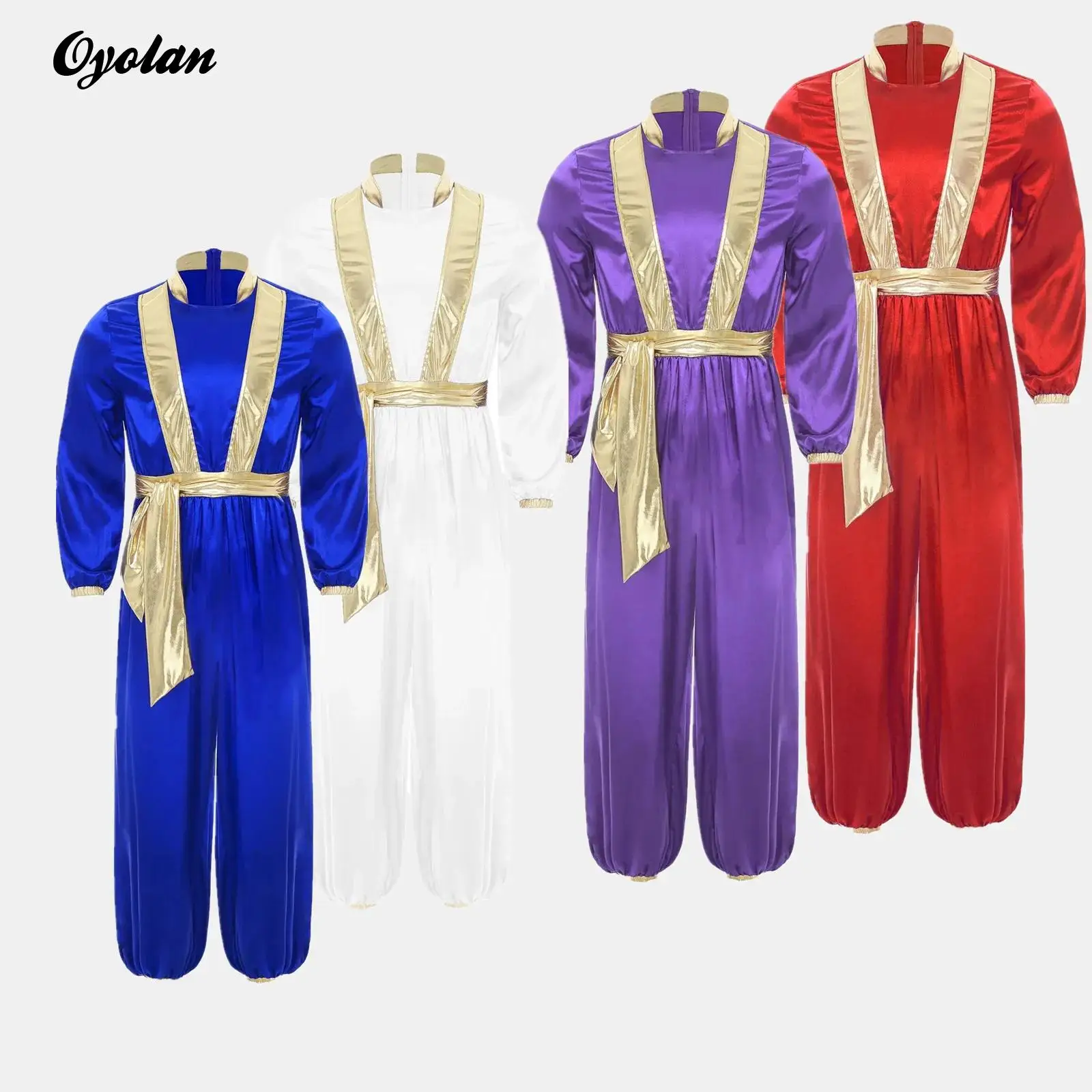 

Mens Arabian Prince Fairy Tale Carnival Cosplay Outfits Halloween Costume Back Zipper Gold Shiny Metallic Arab Kings Clothings