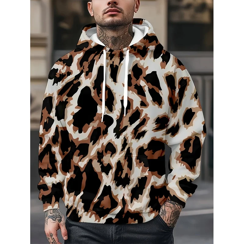 Men's Leopard Print Hoodie Oversized 3D Brown Black Kangaroo Pocket Long Sleeve Casual Outdoor Machine Washable Top